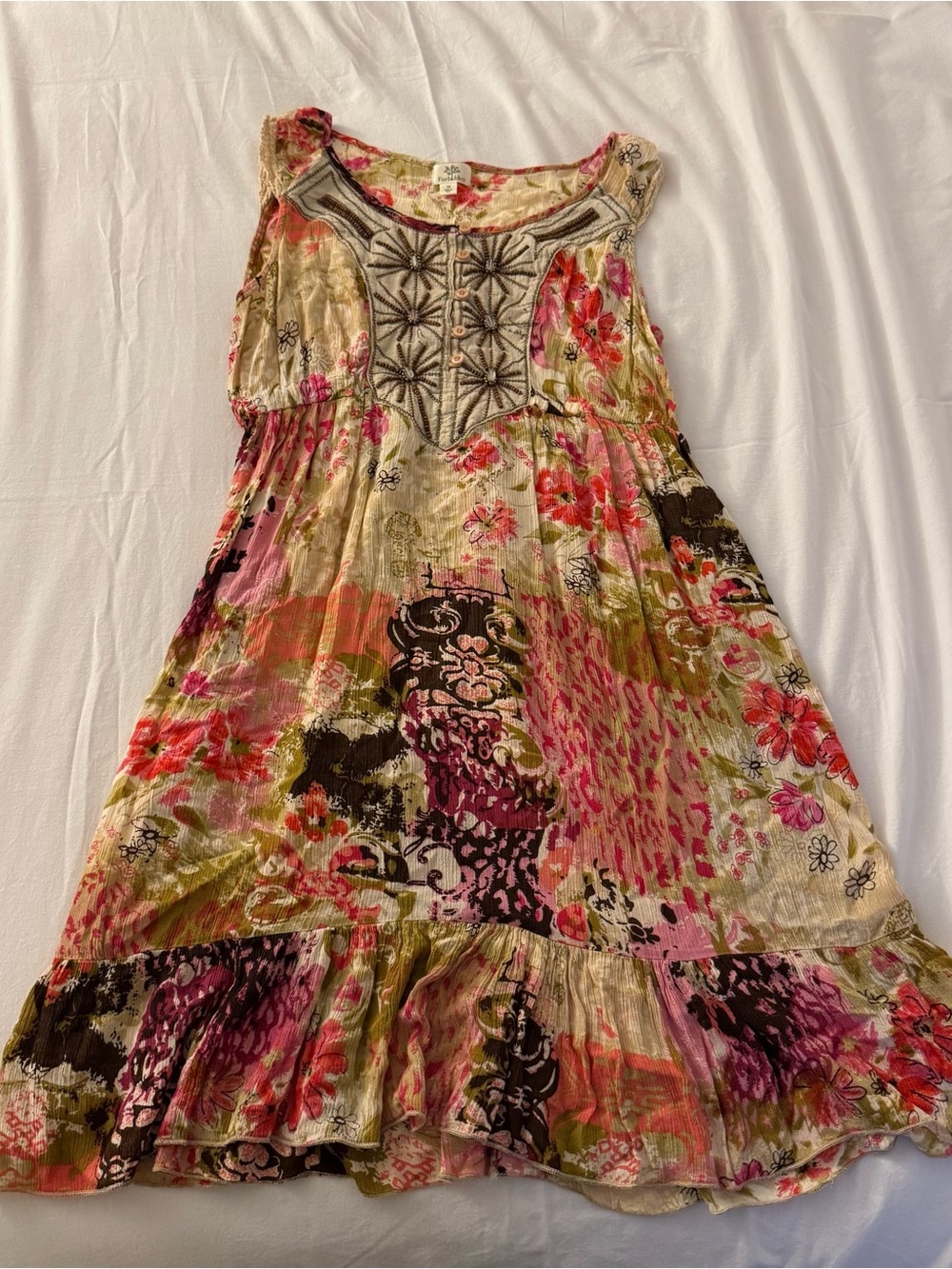 Forbidden Multicolor Floral Boho Scoop Neck Button Front Sundress Knee Size M